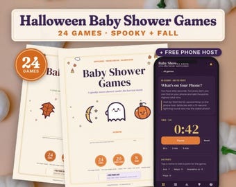 Halloween-babyshowerspel, 24 utskrivbara höstaktiviteter, bingo, skyltar och telefonvärd