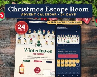 Christmas Escape Room Advent Calendar for Kids, 24 Day Printable Puzzle Countdown, Phone Companion