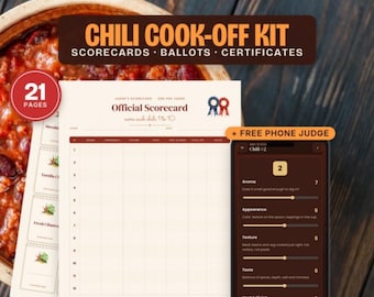 Chili Cook Off Kit, Utskrivbart Poängkort, Valsedlar, Certifikat, Skyltar, Telefondomarapp