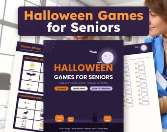 Halloween-spel för seniorer, storstilade frågesporter, bingo, ordsökning, utskrivbara aktiviteter