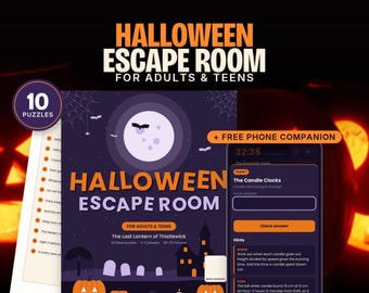 Halloween Escape Room Printable for Adults & Teens, Phone Companion, 10 Puzzles, 2-12 Players