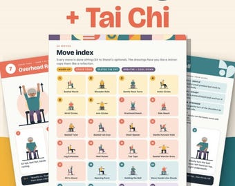 Stuhl-Yoga für Senioren (druckbare Vorlage), Tai-Chi-Paket, 24 Übungen in Großdruck, 12 Übungsreihen