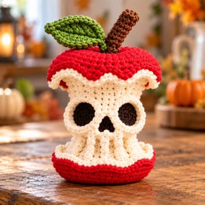 Halloween Crochet Pattern PDF, Skull Apple Core Amigurumi, Spooky Fall Decor, Intermediate Skeleton Plush, Digital Download