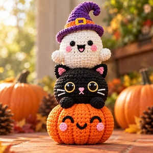 Pode incluir: Um conjunto de amigurumi de crochê empilhado com um fantasma branco usando um chapéu de bruxa roxo com uma faixa laranja, um gato preto com olhos grandes e bigodes brancos, e uma base de abóbora laranja, todos com rostos sorridentes bordados.