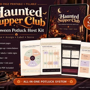 May include: A 36-page printable and fillable Haunted Supper Club Halloween Potluck Host Kit. The digital product includes a dish sign-up, buffet flow map, dish check-in station, and buffet zone cards in US Letter and A4 sizes for event planning.