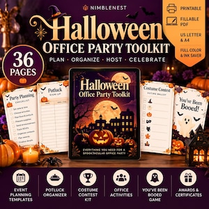May include: A 36-page Halloween Office Party Toolkit featuring printable and fillable PDF templates. Includes party planning checklists, potluck sign-up sheets, costume contest ballots, and You've Been Booed game cards with spooky pumpkin and ghost graphics.
