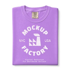 Neon Violet Comfort Colors 1717 Mockup | C1717 Violet Tshirt Flat Lay | CC 1717 Violet T-Shirt Folded Flatlay Mock-up On White Background