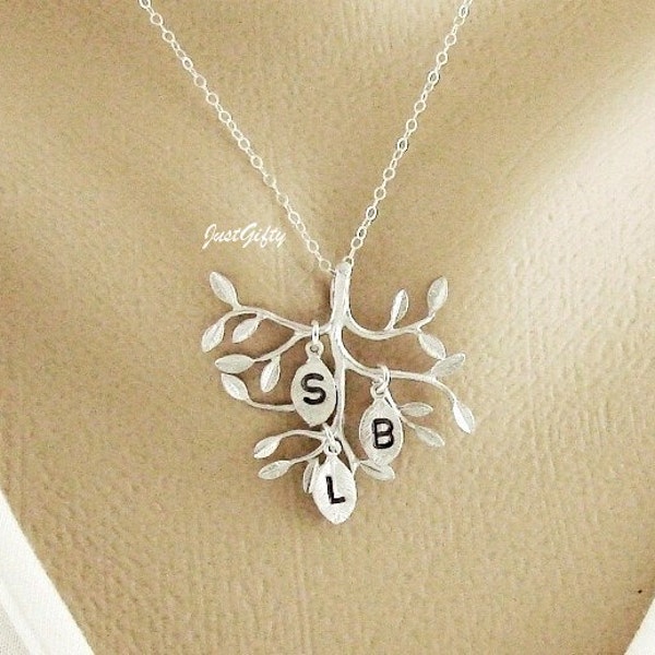 Family Tree Necklace, THREE Initial Jewelry, Leaf Initial Charm, Children Name, Sister Necklace, Grandchildren Mother's Day Necklace