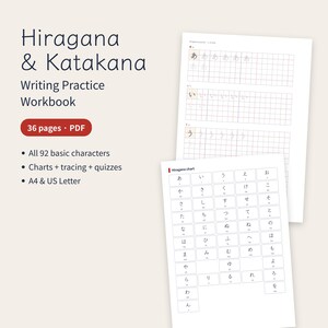 May include: A Hiragana & Katakana Writing Practice Workbook with 36 pages. The document features tracing grids for Japanese characters, a Hiragana chart, and text indicating support for A4 and US Letter sizes for printing.