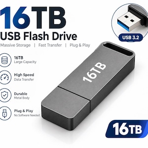 May include: A dark grey USB flash drive with a metal body and a 16TB capacity label. The device features a USB 3.2 connector, a rectangular shape with a lanyard hole, and text indicating massive storage, fast transfer, and plug and play functionality.