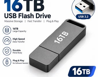 May include: A dark gray USB flash drive with a metal body and a 16TB capacity label. The device features a USB 3.2 connector, a rectangular shape with a lanyard hole, and text indicating massive storage, fast transfer, and plug and play functionality.