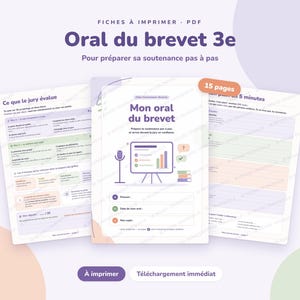Peut inclure: Un ensemble de fiches à imprimer au format PDF intitulées Oral du brevet 3e pour la préparation aux examens. Les pages contiennent du texte, une icône de micro, un graphique de présentation et une étiquette 15 pages avec des critères.