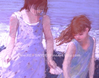 Two girls beach card 5x7, sisters, children, figures, seashore, seashell, lavender, blue, sea shore, friends, kids, wading, surf, shells