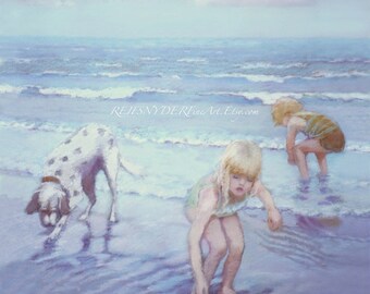 Two blonde children, beach print, seashore, boy, girl, dog, playing, shore, blue, art figures, ocean surf, kids, dalmation 18x24 24x36