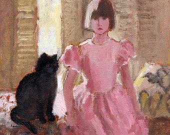 Black cat, girl, figures, pink dress, interior, pet, sitting on window seat, children, portrait, childs room 11x14, 18x24, 24x36