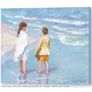 Beach print of two children, boy, girl, walking the seashore, ocean, shore, blue, yellow, seaside, brother, sister, kids, 8x10 16x20 24x36 image 3