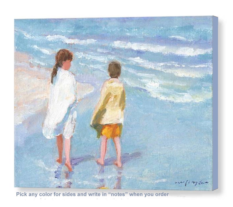 Beach print of two children, boy, girl, walking the seashore, ocean, shore, blue, yellow, seaside, brother, sister, kids, 8x10 16x20 24x36 image 3