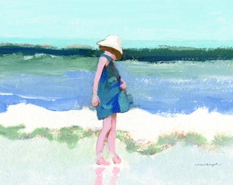 Beach Aceo print Girl in the surf, shore, seashore, ocean, seaside, sea, children, aqua blue, dark green, miniature 2 1/2 x 3 1/2