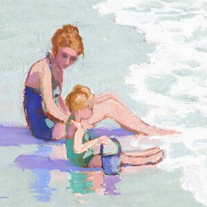 Beach print Mother and Daughter, surf, shore, seashore, ocean, seaside, sea, children, blue, dark green, canvas or paper, 8x10, 11x14