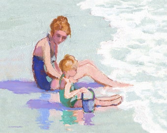 Beach print Mother and Daughter, surf, shore, seashore, ocean, seaside, sea, children, blue, dark green, canvas or paper, 8x10, 11x14