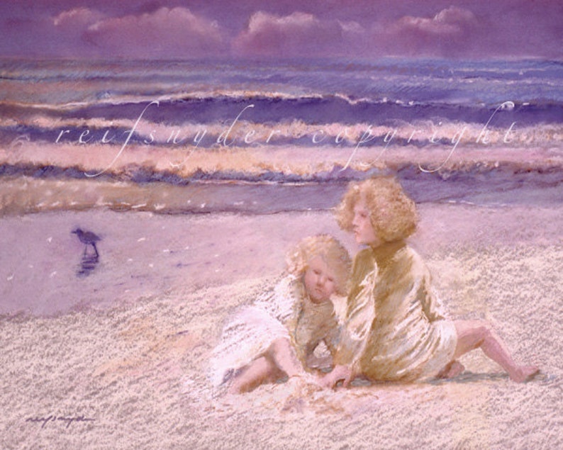 Beach print, two girls, children, figures, seashore, ocean, shore bird, lavender, pink, purple, sisters, blonde girls, 8x10, 11x14, 16x20 image 1