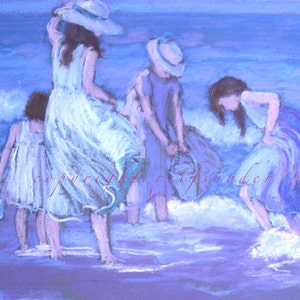 Biglietto d'auguri spiaggia, quattro ragazze, giocando in surf, mare, mare, oceano, riva, blu, lavanda, sorelle, ragazze in abiti, stampe, donne