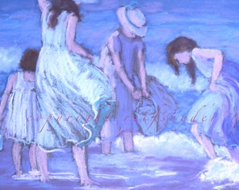 ACEO print, four girls, playing in surf, seashore, seaside, ocean, shore, blue, lavender, sisters, girls in dresses, women, miniature print