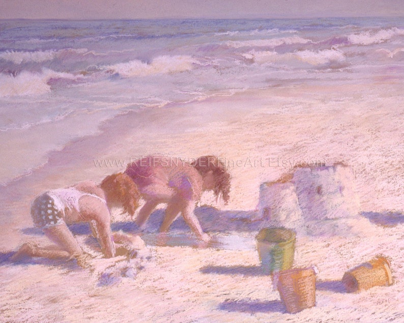 ACEO beach print two children, playing in sand, sandcastle, ocean, sea shore, seashore, blue, yellow, pink, lavender, buckets, miniature image 1