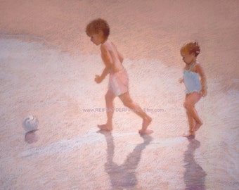 ACEO Boy, Girl, beach print, seashore, figures, children playing, shore, brother, sister, kids, seaside, pink, blue, ocean, miniature, small