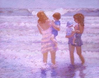 Mothers figures print 8x10 beach, moms with children, surf, baby, mother's day, lavender, blue, pink, holding children, seashore, shore