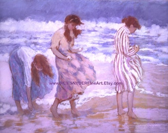 Beach ACEO print three women at seashore, girls, sisters, surf, blue, pink, ocean, art, sea shore, friends, girlfriends, seaside