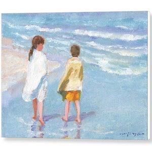 Beach print of two children, boy, girl, walking the seashore, ocean, shore, blue, yellow, seaside, brother, sister, kids, 8x10 16x20 24x36 image 6