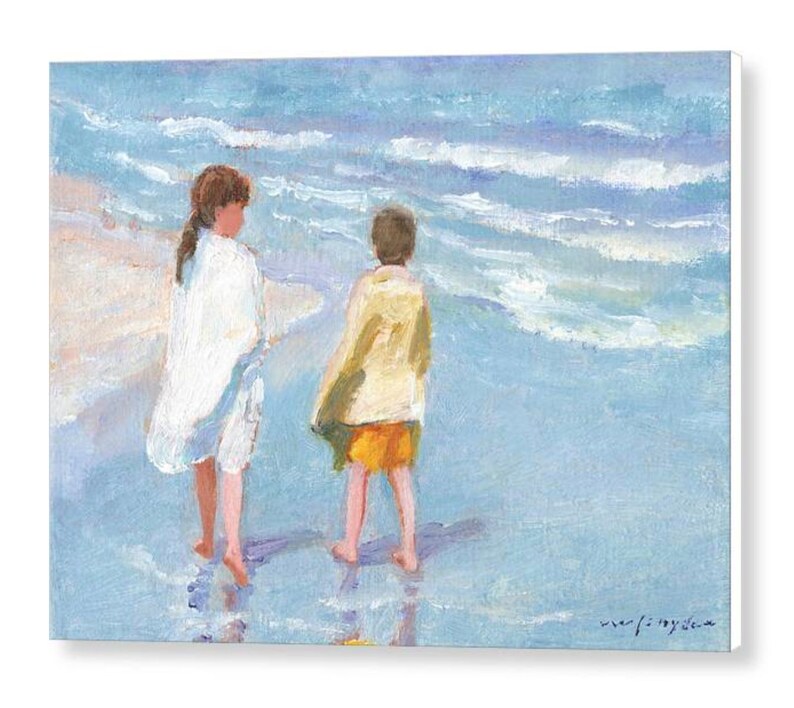 Beach print of two children, boy, girl, walking the seashore, ocean, shore, blue, yellow, seaside, brother, sister, kids, 8x10 16x20 24x36 image 6
