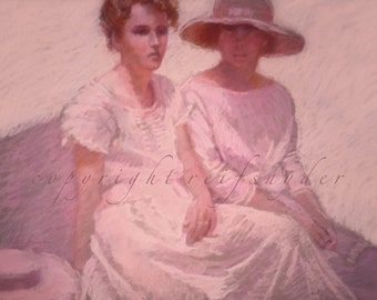 Two women print, best friends, figures, girlfriends, sisters, pink, lavender, ladies seated, summertime, girls sitting, dresses, hats