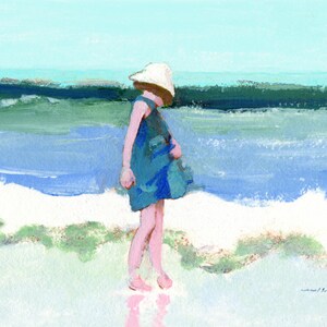 Beach print Girl in surf, shore, seashore, ocean, seaside, sea, children, child, blue, dark green, white, canvas or paper 8x10, 11x14