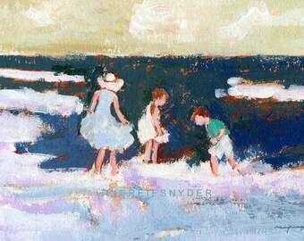ACEO beach print two girls and a boy, seashore, brother and sisters, ocean, blue, seaside, sea shore, children, friends, miniature