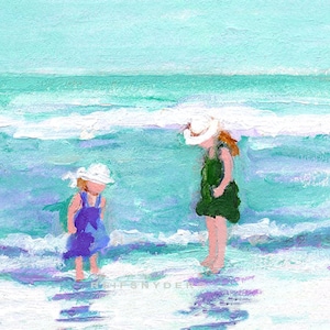 ACEO print of two girls, beach, white hats, seashore, ocean, blue, seaside, sea shore, little girls, children, sisters, friends, miniature