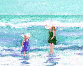 ACEO print of two girls, beach, white hats, seashore, ocean, blue, seaside, sea shore, little girls, children, sisters, friends, miniature