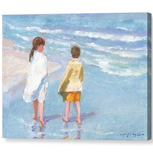 Beach print of two children, boy, girl, walking the seashore, ocean, shore, blue, yellow, seaside, brother, sister, kids, 8x10 16x20 24x36 image 2