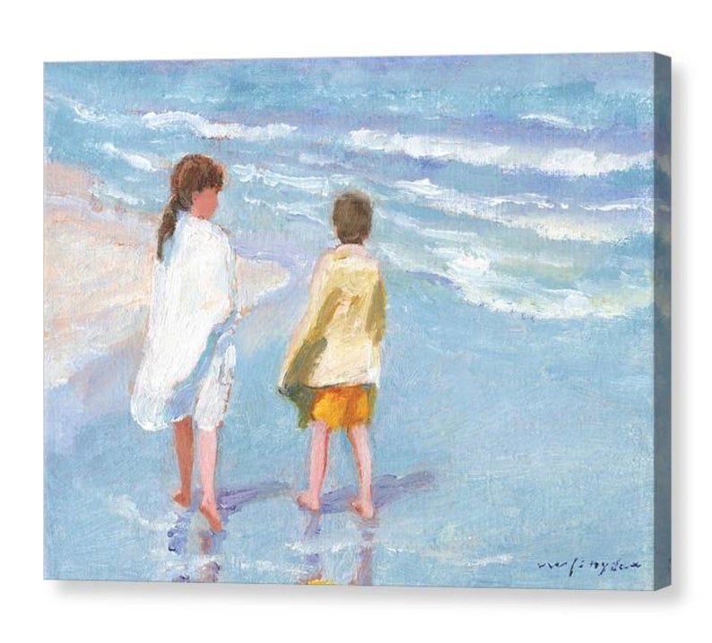 Beach print of two children, boy, girl, walking the seashore, ocean, shore, blue, yellow, seaside, brother, sister, kids, 8x10 16x20 24x36 image 2