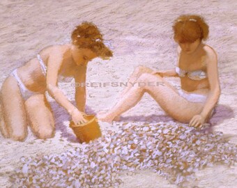 Beach print two girls on sand, seashore, ocean, seashells, sea shore, teenagers, seaside, pink, sisters, collecting shells, friends, 18x24