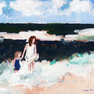 ACEO print of two girls, beach, seashore, ocean, blue, seaside, sea shore, little girls, children, sisters, friends, miniature