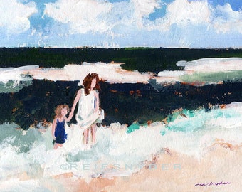 ACEO print of two girls, beach, seashore, ocean, blue, seaside, sea shore, little girls, children, sisters, friends, miniature