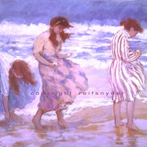 Girls at the seashore card 5x7, figures, pink, lavender, blue, women, girlfriends, friends, shore, collecting shells, walking beach, blank image 1