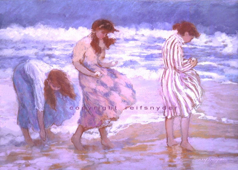 Girls at the seashore card 5x7, figures, pink, lavender, blue, women, girlfriends, friends, shore, collecting shells, walking beach, blank image 1