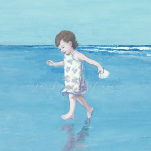 Strand Karte 5x7 Mädchen läuft am Meer, Kleinkind, kleines Mädchen, Figuren, Meer, Kinder, Ufer, blau, Meer Kunst, blanko