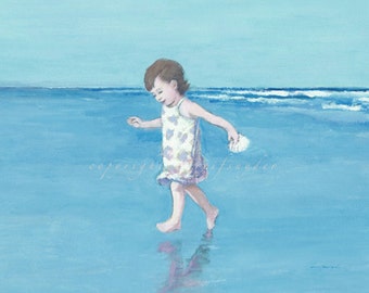 Beach card 5x7 girl running at the seashore, toddler, little girl, figures, ocean, children, shore, blue, seaside art, blank