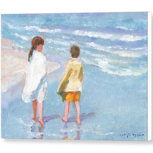 Beach print of two children, boy, girl, walking the seashore, ocean, shore, blue, yellow, seaside, brother, sister, kids, 8x10 16x20 24x36 image 5