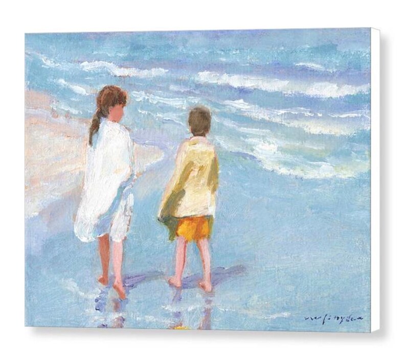 Beach print of two children, boy, girl, walking the seashore, ocean, shore, blue, yellow, seaside, brother, sister, kids, 8x10 16x20 24x36 image 5