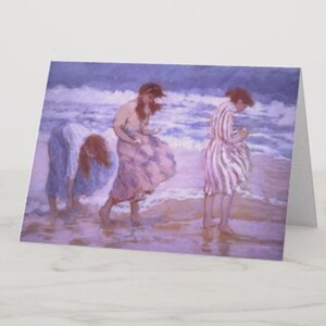 Girls at the seashore card 5x7, figures, pink, lavender, blue, women, girlfriends, friends, shore, collecting shells, walking beach, blank image 2